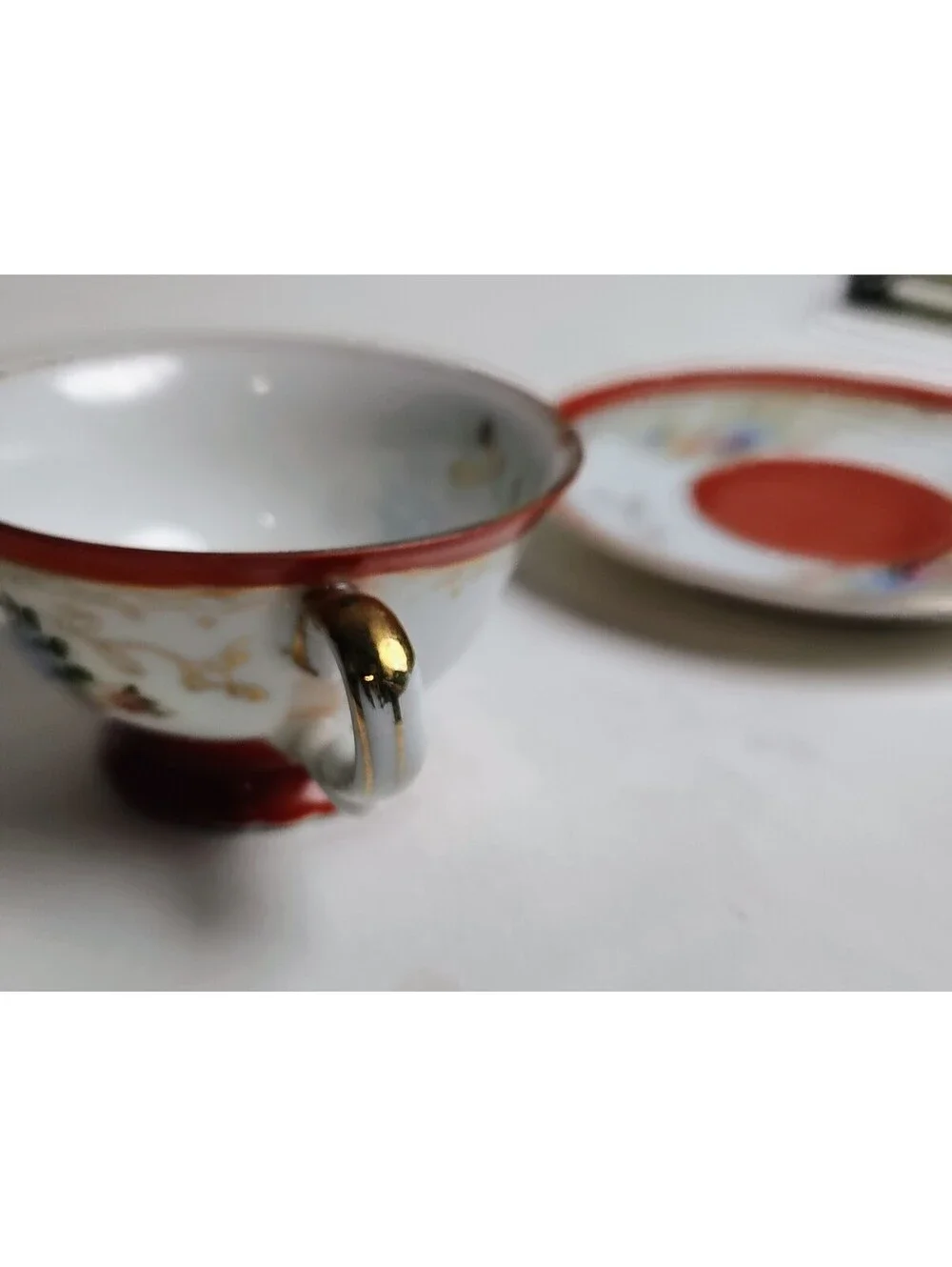 Vintage Made in Occupied Japan Teacup Saucer Set Floral Red Band Gold Trim Gilt